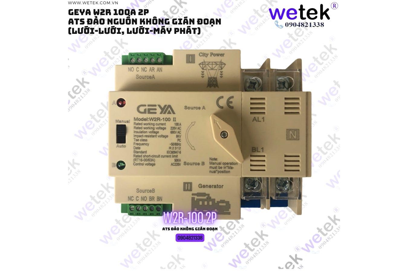 W2R-100-2P Geya ATS đảo nguồn Điện lưới-Điện lưới, Điện lưới-Máy phát 100A 2P không gián đoạn (phù hợp đảo 2 công tơ theo tháng)