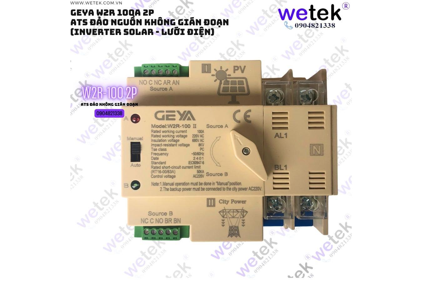 W2R-100-2P-PV (Solar) Geya ATS đảo nguồn Solar-Điện lưới 100A 2P không gián đoạn (phù hợp đảo cho solar inverter)