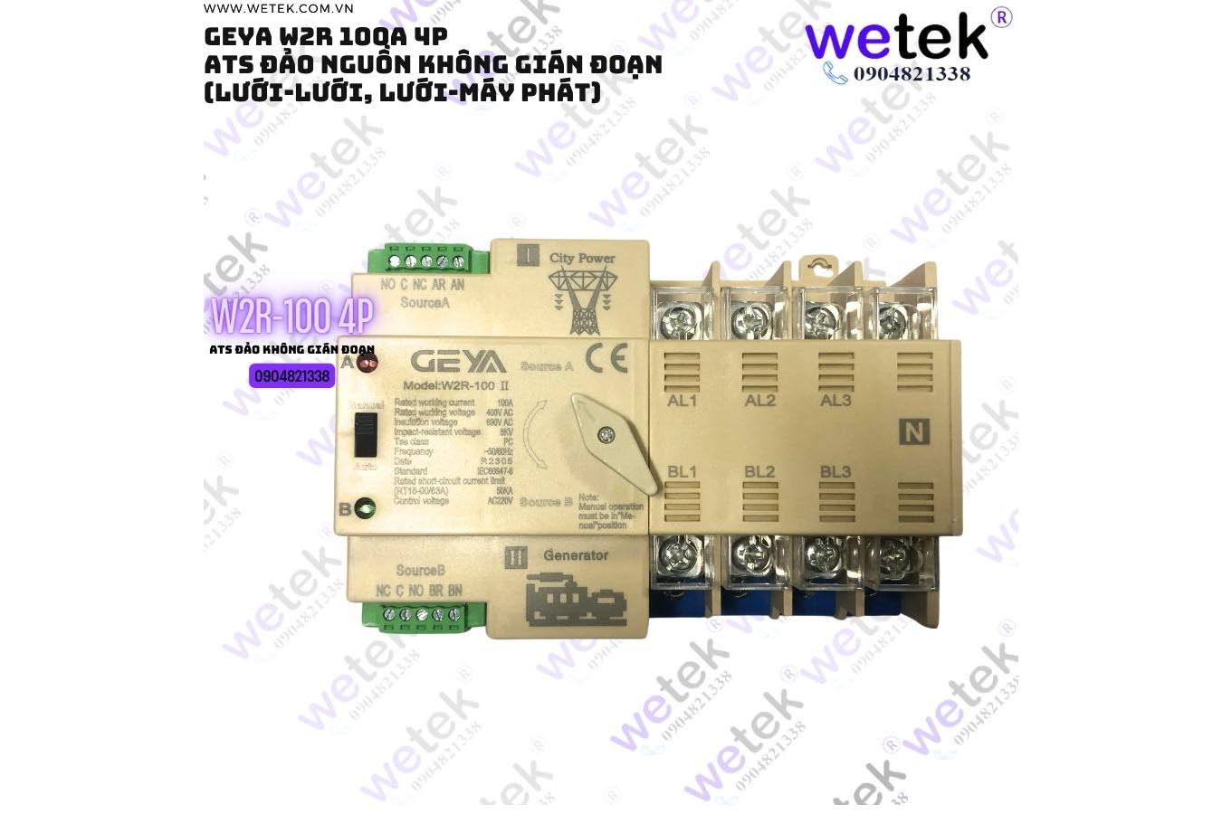 W2R-100-4P Geya ATS đảo nguồn Điện lưới-Điện lưới, Điện lưới-Máy phát 100A 4P không gián đoạn (phù hợp đảo 2 công tơ 3 pha theo tháng)