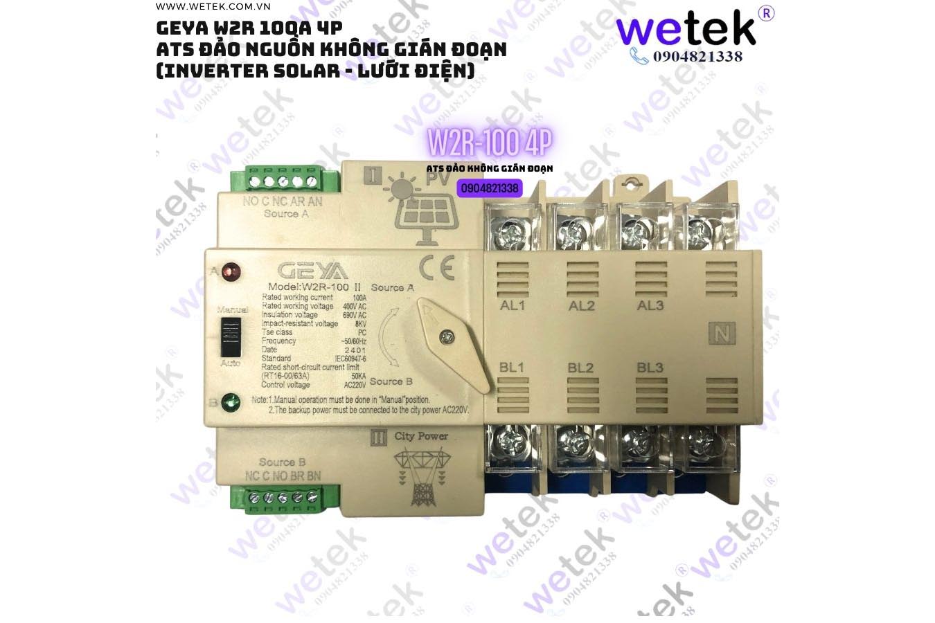 W2R-100-4P-PV (Solar) Geya ATS đảo nguồn Solar-Điện lưới 100A 4P không gián đoạn (phù hợp đảo cho solar inverter)