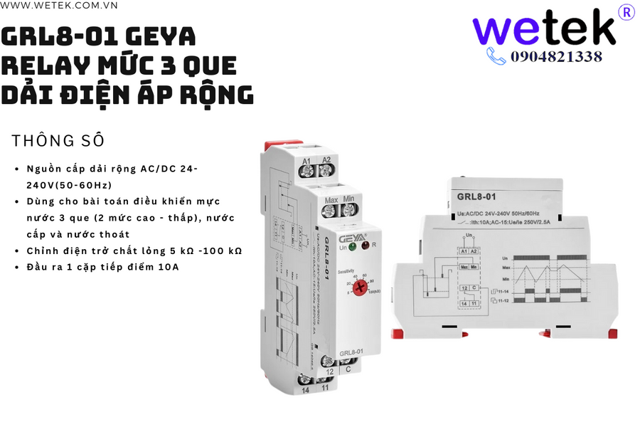 Geya GRL8-01 Relay mức nước 3 que, floatless, có chỉnh mức điện trở