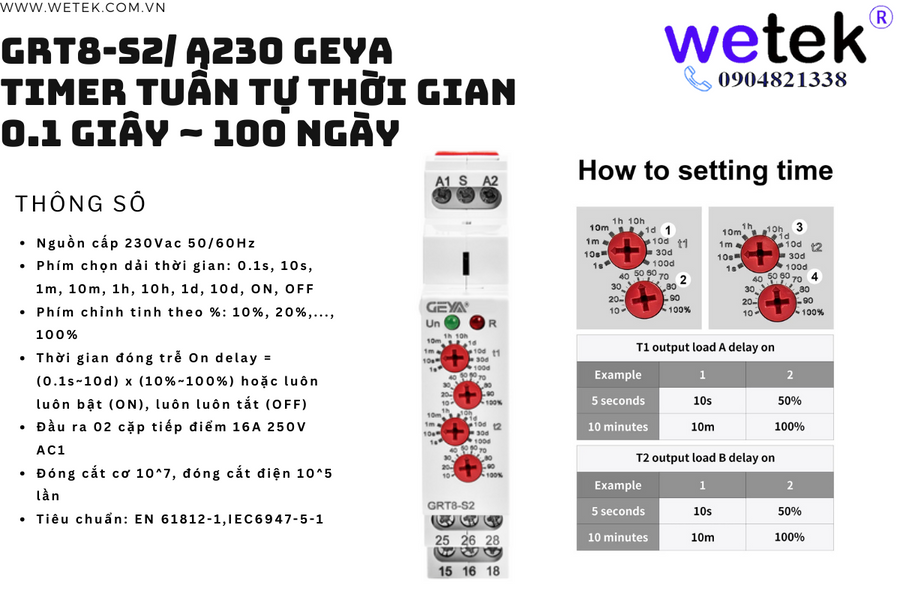 Geya GRT8-S2 A230 relay tuần tự thời gian 0.1s tới 100 ngày, 2 cặp tđ 16A
