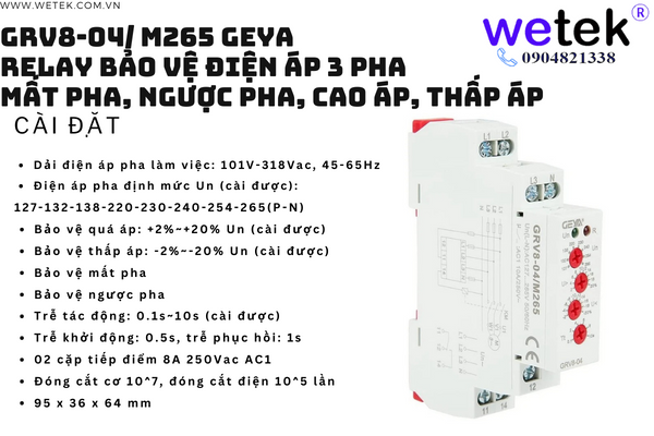 Geya GRV8-04/M265 Relay điện áp 3P+N, bảo vệ cao áp, thấp áp, mất pha, ngược pha, 1 cặp tđ