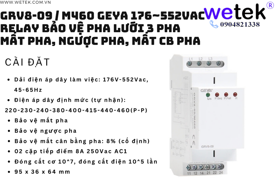 Geya GRV8-09 M460 Relay bảo vệ pha lưới 3 pha, 176~552Vac (dây-dây)