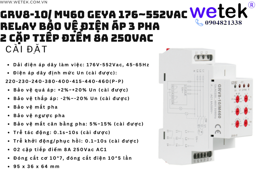 Geya GRV8-10 Relay điện áp 3 pha, cao thấp áp, mất pha, ngược pha, mất cân bằng pha