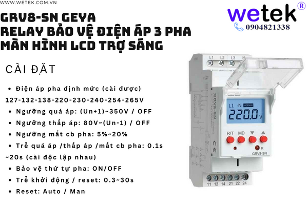 Geya GRV8-SN Relay điện áp 3 pha, màn LCD, 2 cặp tđ 8A