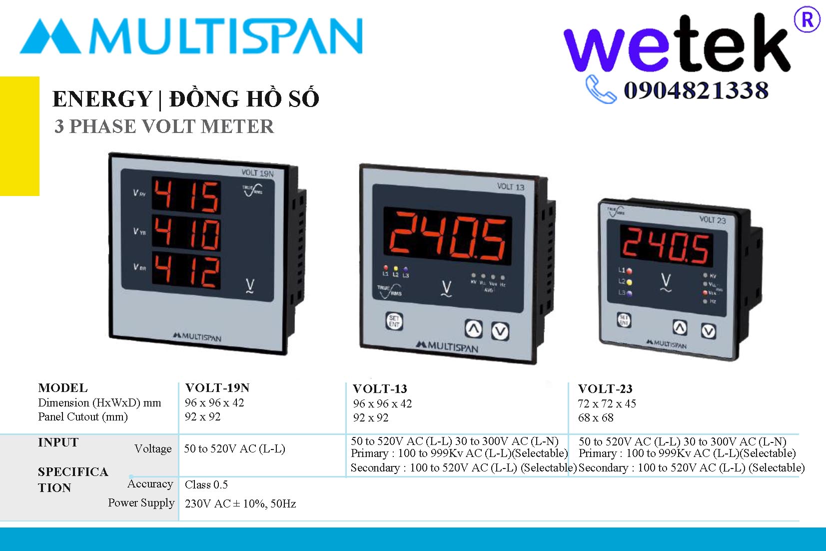 Mutltispan VOLT-19N, Đồng hồ đo Điện áp (V) 3 pha, hiển thị LED đồng thời, gắn mặt cánh tủ, cấp chính xác 0.5