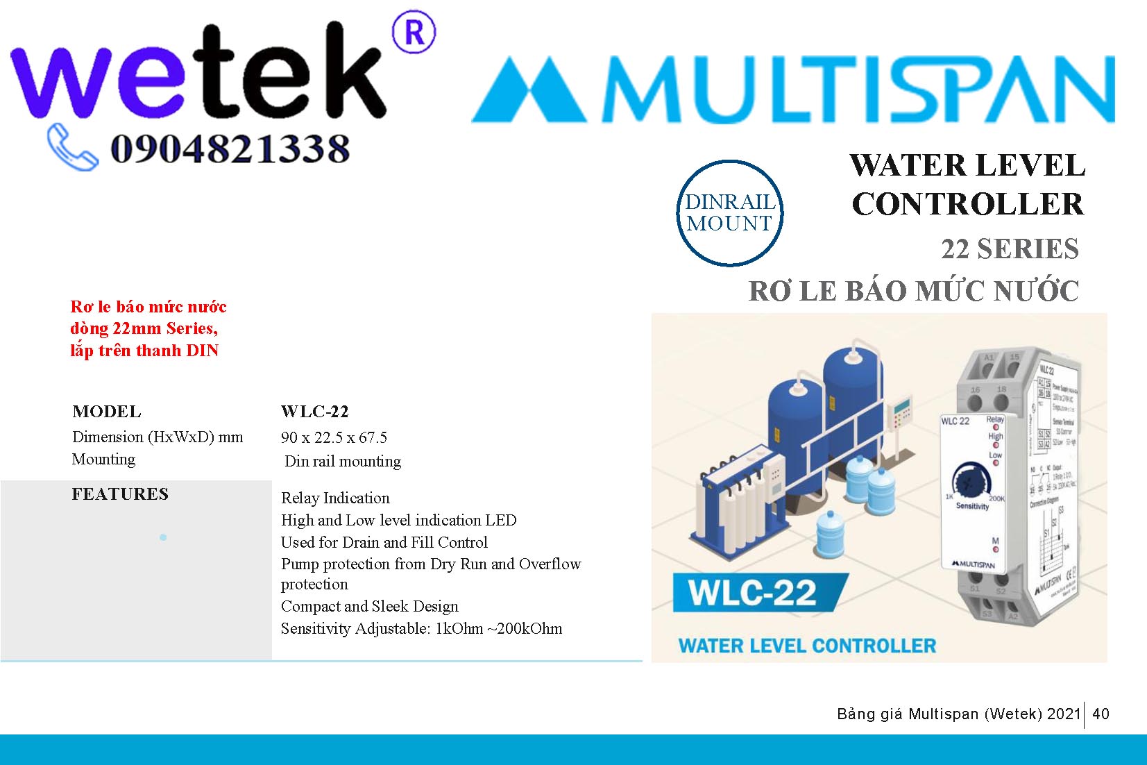 Multispan WLC-22 Rơ le mức nước lắp thanh DIN (cho bơm cấp, bơm thoát, chống tràn, chống cạn, điểu chỉnh điện trở chất lỏng…)