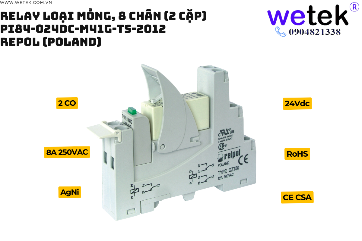 Relay trung gian loại mỏng PI84-024DC-M41G-TS-2012 24Vdc 2 cặp tđ