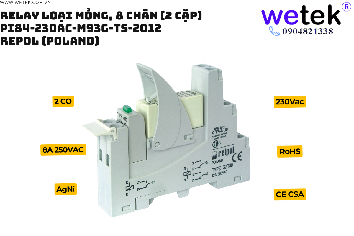 Relay trung gian loại mỏng PI84-230AC-M93G-TS-2012 230Vac 2 cặp tđ