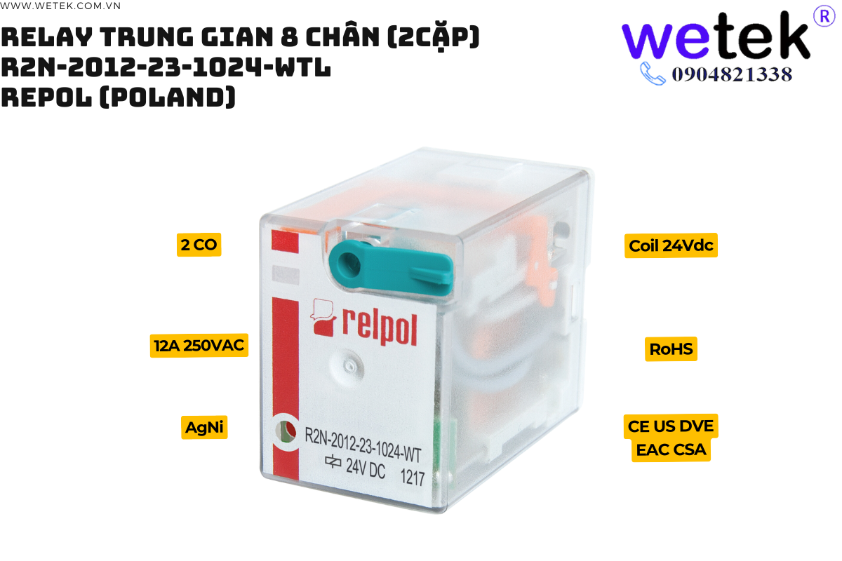 Relay trung gian Relpol R2N-2012-23-1024-WTL coil 24Vdc 2 cặp tđ