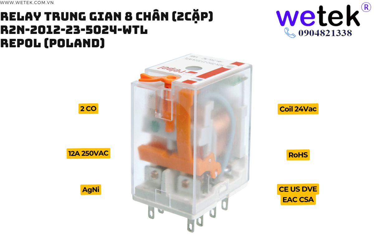 Relay trung gian Relpol R2N-2012-23-5024-WTL coil 24Vac 2 cặp tđ