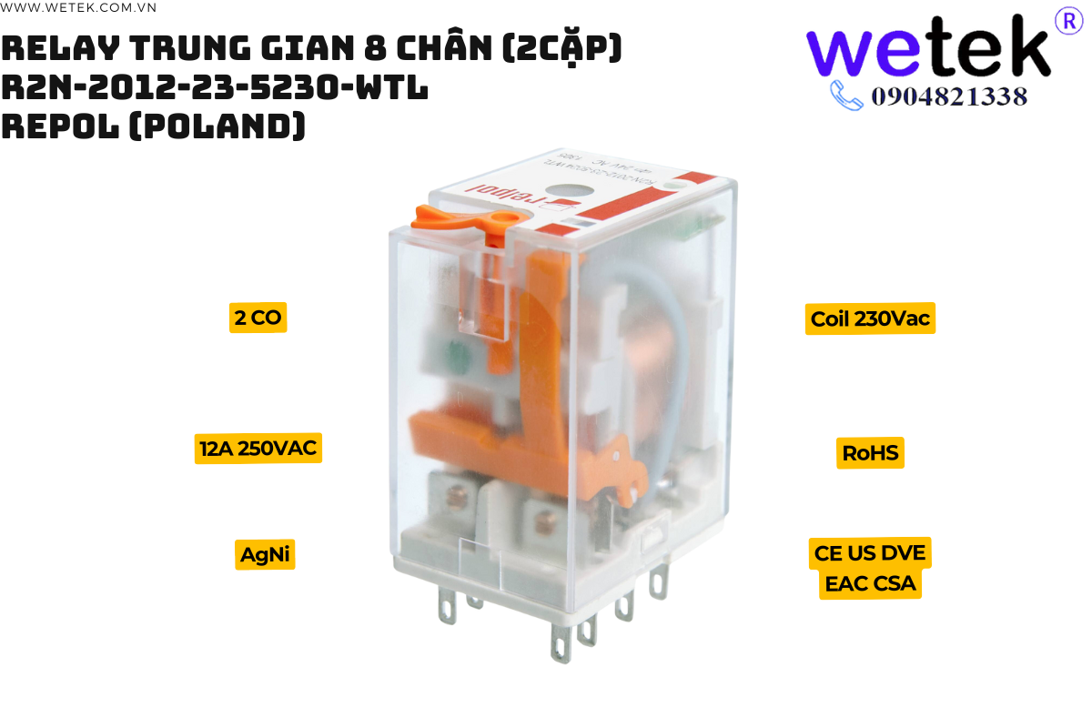 Relay trung gian Relpol R2N-2012-23-5230-WTL coil 120Vac 2 cặp tđ