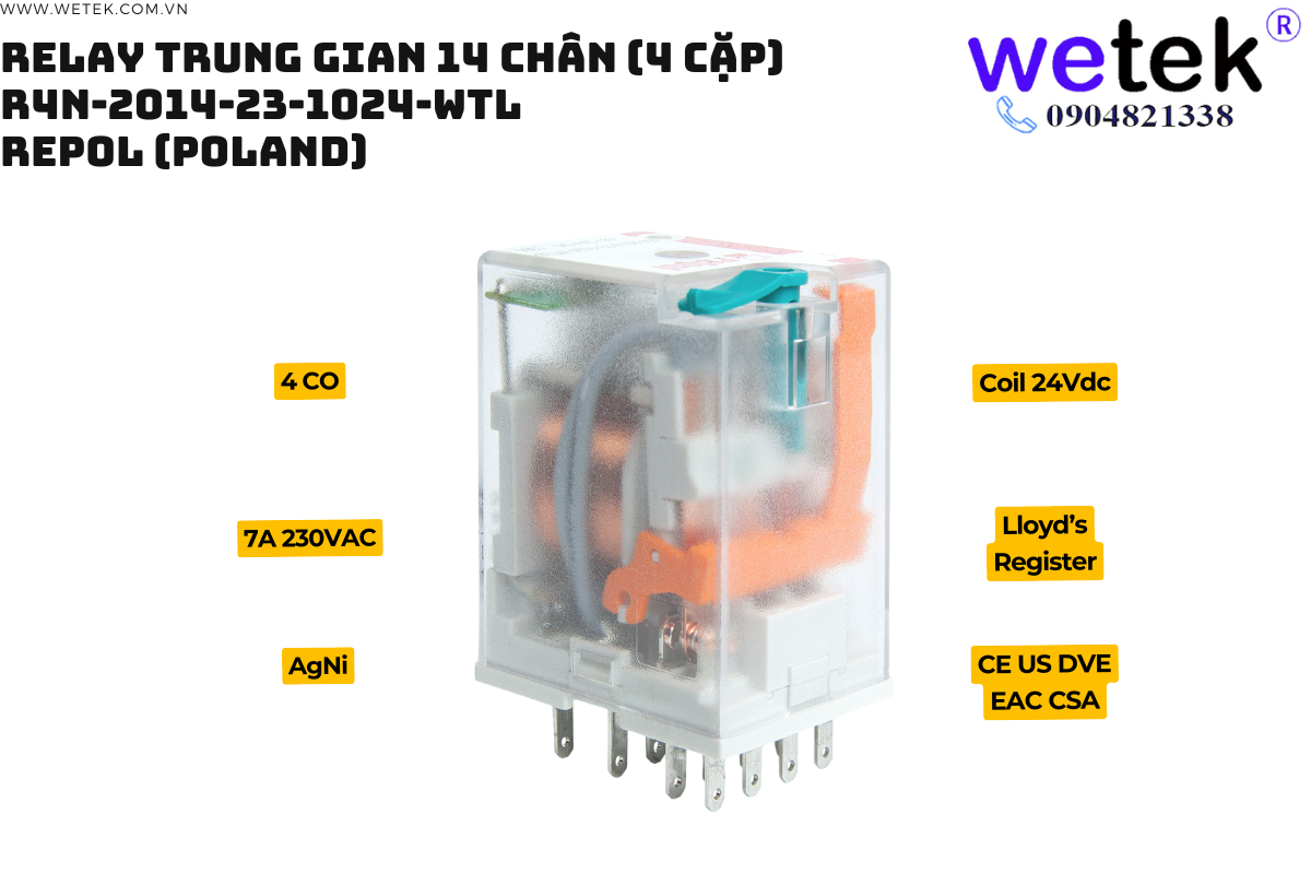 Relay trung gian Relpol R4N-2014-23-1024-WTL coil 24Vdc 4 cặp tđ