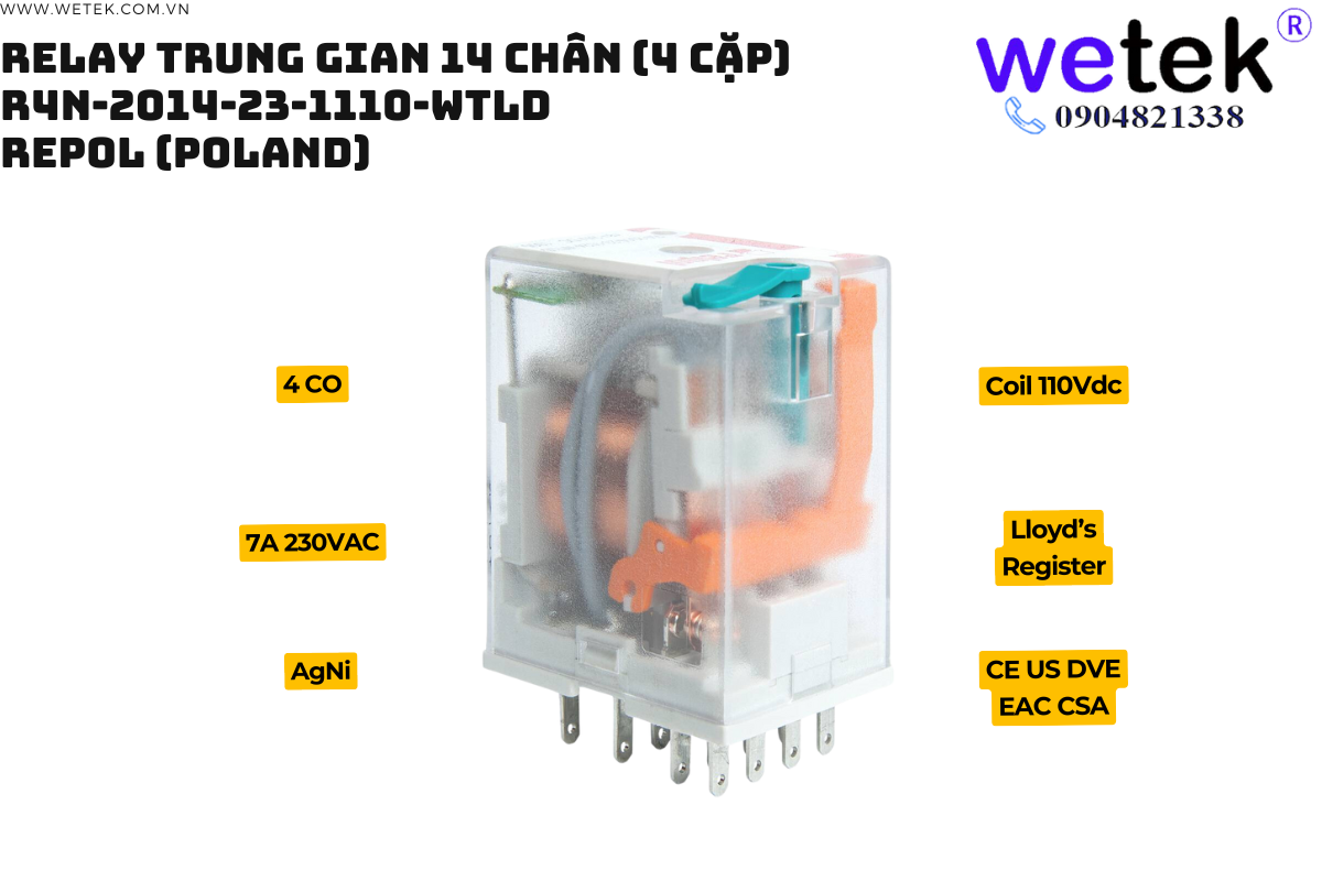 Relay trung gian Relpol R4N-2014-23-1110-WTLD coil 110Vdc 4 cặp tđ