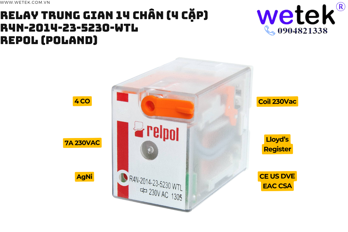 Relay trung gian Relpol R4N-2014-23-5230-WTL coil 230Vac 4 cặp tđ