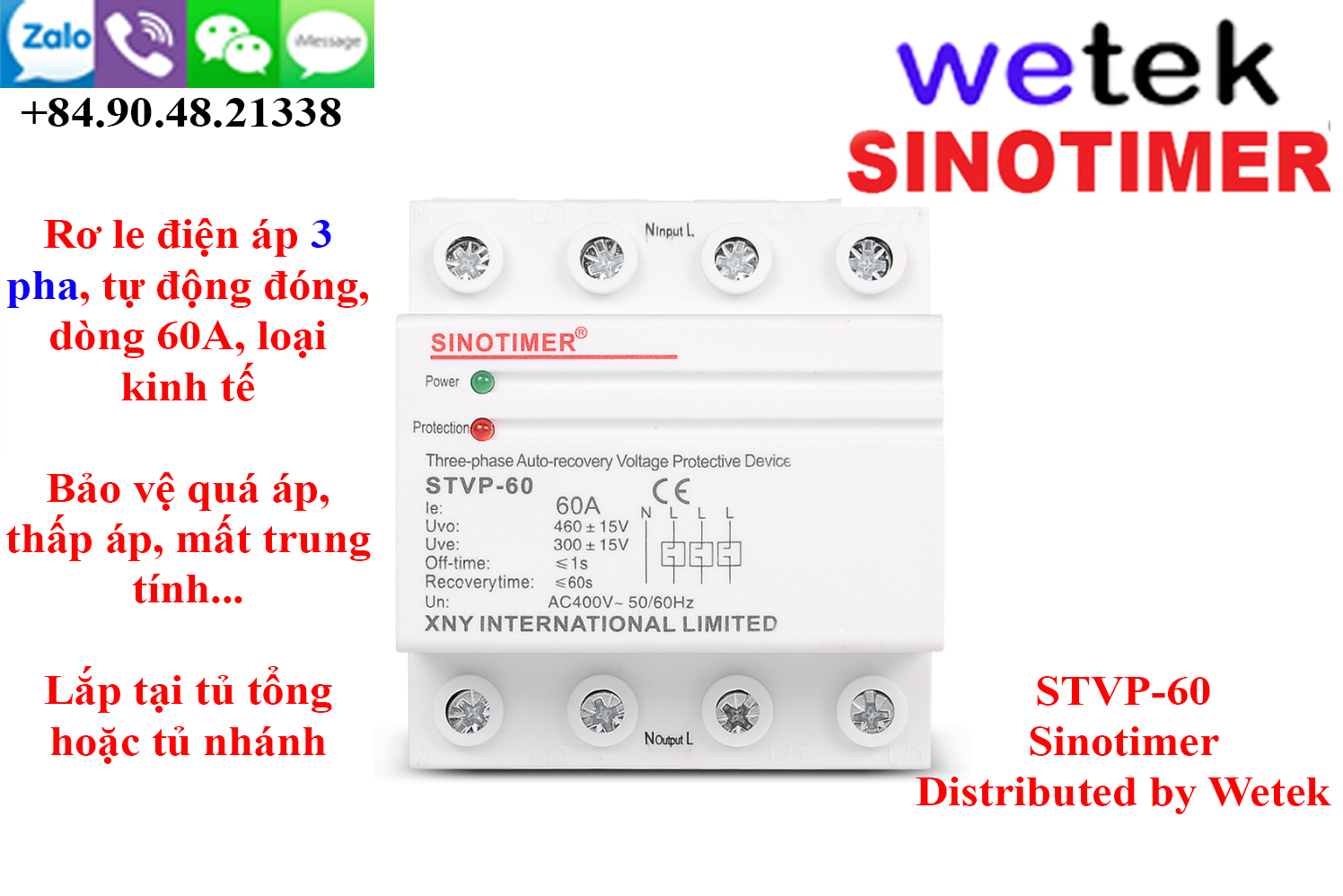 Rơ le công tắc điện áp 3 pha Sinotimer STVP-60 60A loại kinh tế, bảo vệ cao thấp áp, mất trung tính