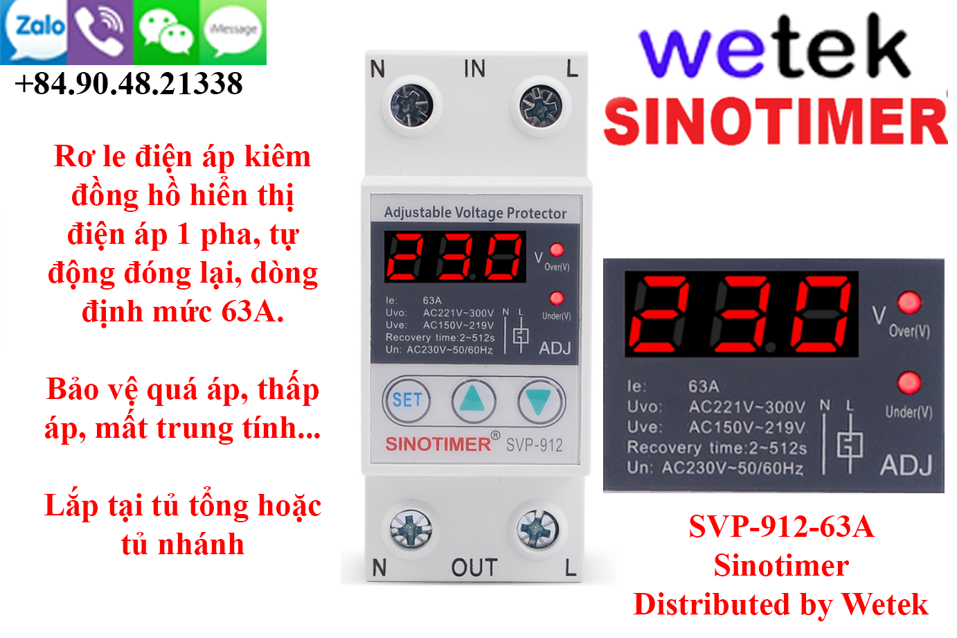 Rơ le điện áp điện tử hiện số, kiểu AT cài, Sinotimer SVP-912-63A