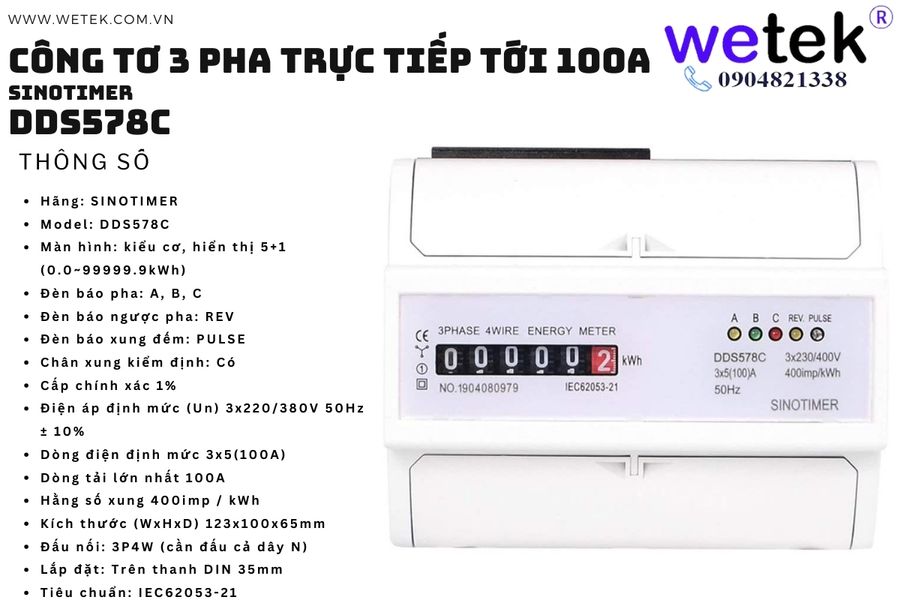 Công tơ 3 pha Sinotimer DDS578C-100A hiển thị số cơ khí 99999.9kWh 380V 3*5(100)A 50Hz