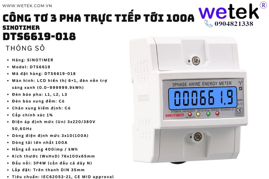  Công tơ 3 pha DTS6619-018 compact màn LCD có đèn nền 10~100A 380V CCX 1% IEC CE MID approval