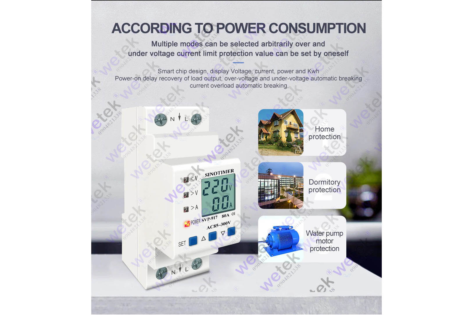 SVP-917 Công tơ kiêm bảo vệ điện áp và dòng điện, LCD trợ sáng, 9999.9kWh (2 chiều), 85~300Vac, 1~80A, hiển thị V A kWh kW, Sinotimer