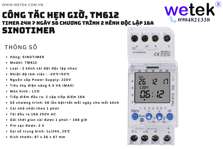 Công tắc timer 24h Sinotimer TM612 2 kênh Nguồn:220/12V Đầu ra: Điện áp Tải:16A 2NO+2NC 36mm Cài theo:1 phút