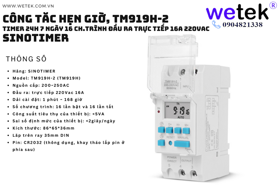 Sinotimer TM919H 16A timer 24h 7 ngày, đầu ra điện áp, có màn LCD, giá rẻ nhưng hàng tốt